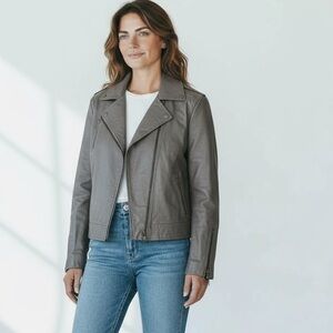 Vintage Berman’s 80 Gray Leather Moto Jacket 38 Faux Fur Lined Removable Vest